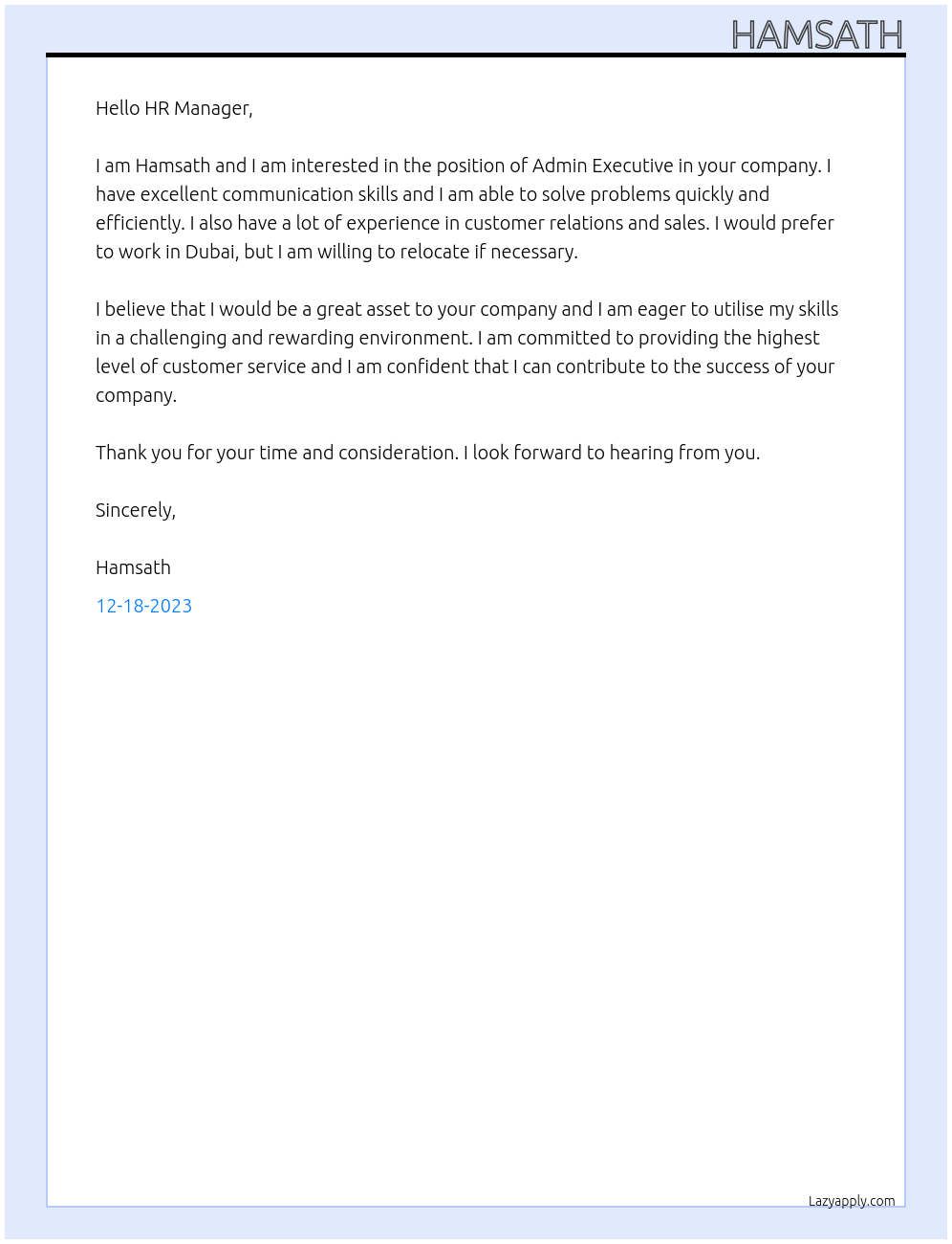 Admin Executive At Decisive zone Cover Letter