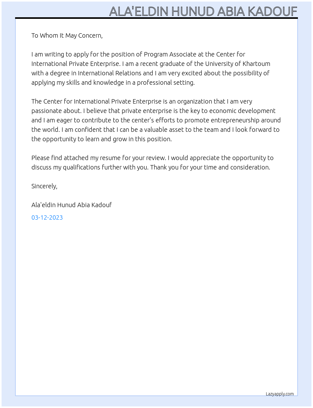 Program Associate At Center for International Private Enterprise Cover Letter