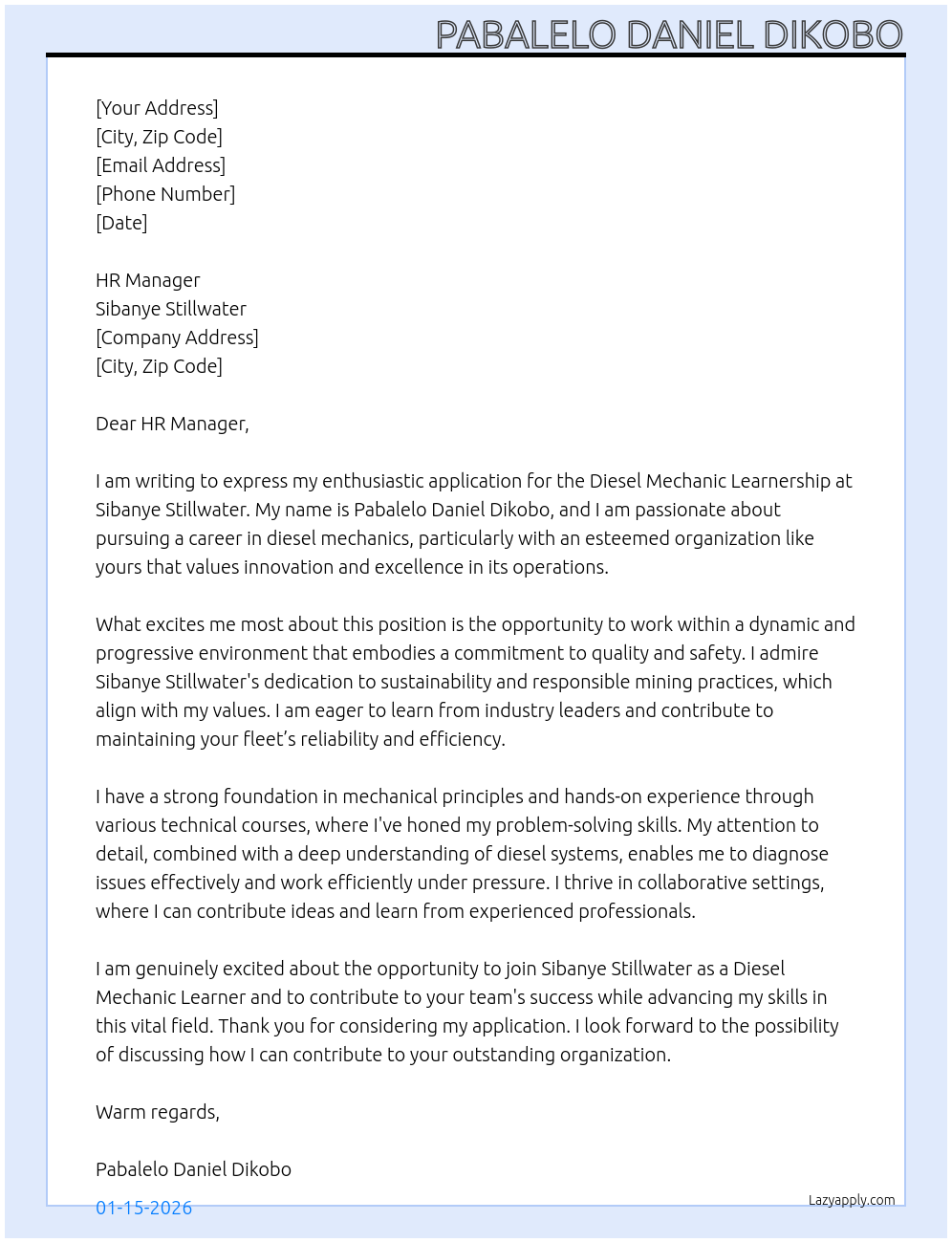 Diesel Mechanic learnership At Sibanye Stillwater Cover Letter