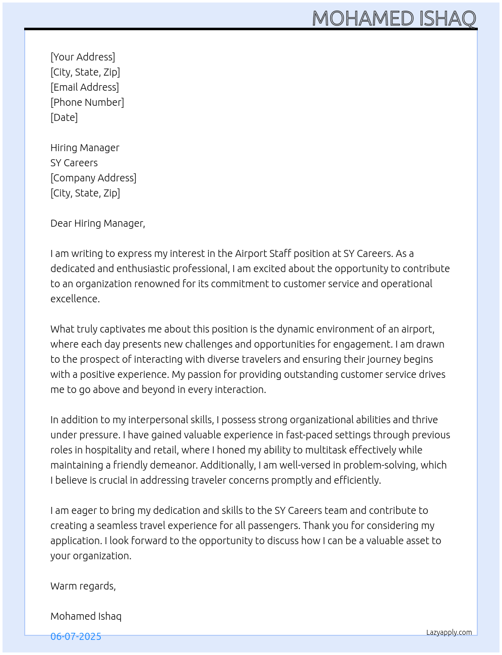 Airport Staff At SY Careers Cover Letter