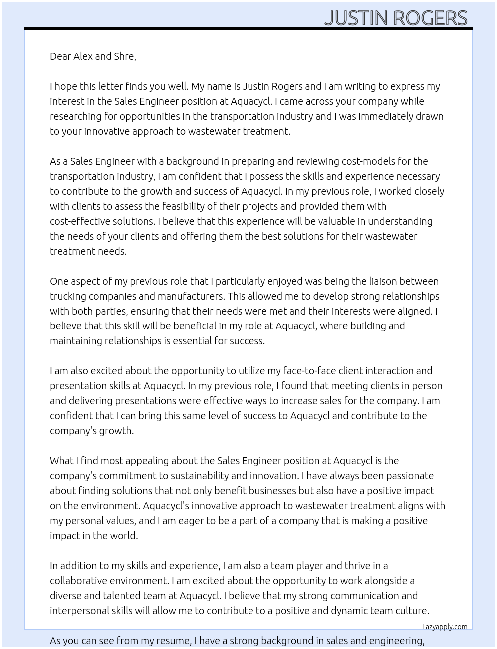 Sales Engineer At Aquacycl Cover Letter
