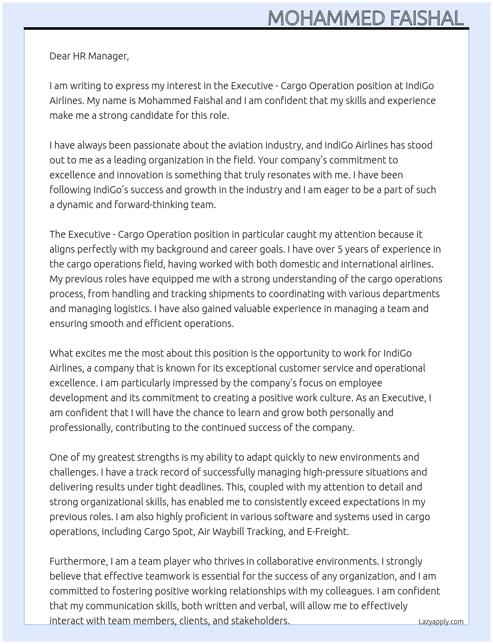 Executive - Cargo operation At Executive - IndiGo airlines Cover Letter