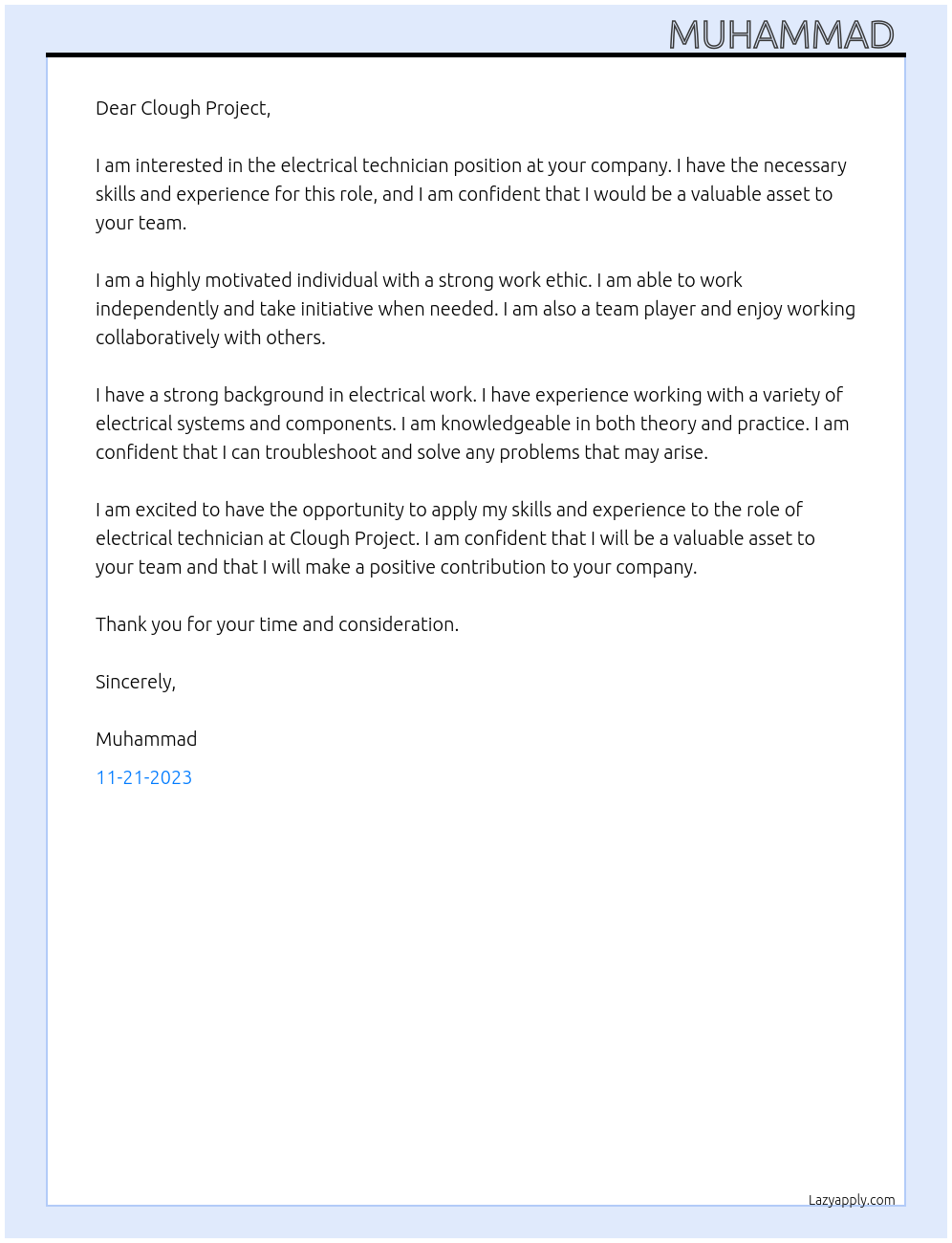 Electrical technician At Clough Project Cover Letter