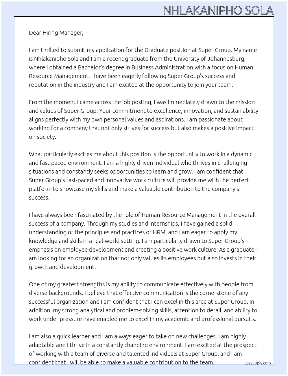 Graduate  At Super Group Cover Letter