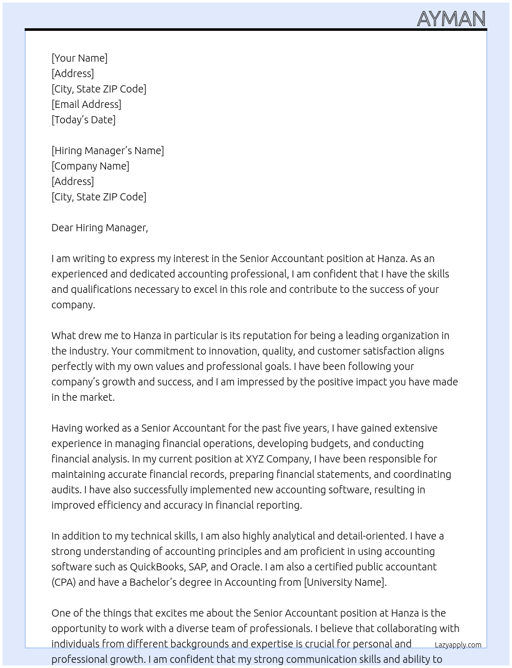 senior accountant At Hanza Cover Letter