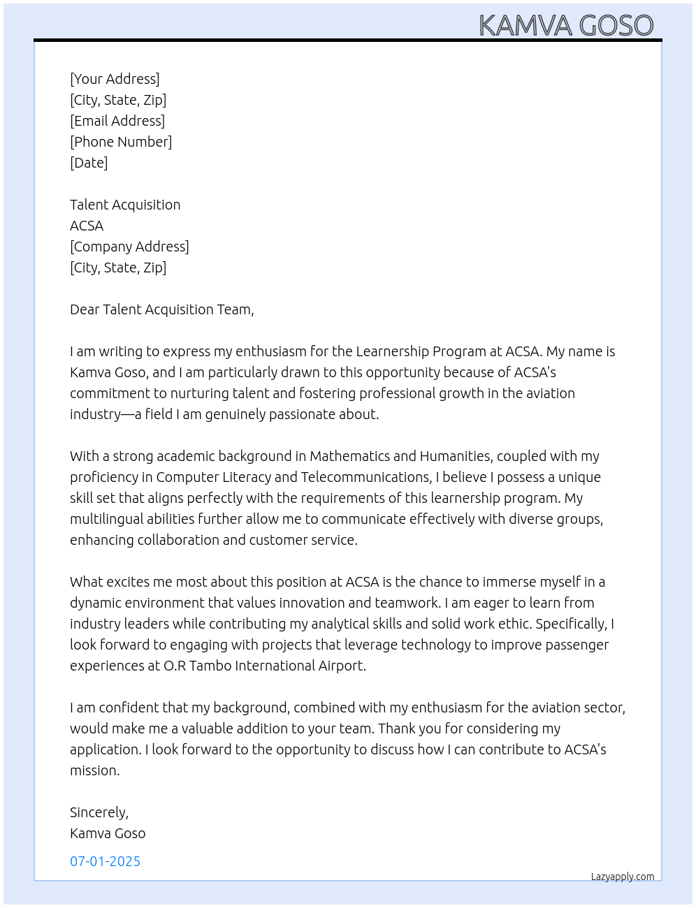 Learnership Program  At ACSA Cover Letter