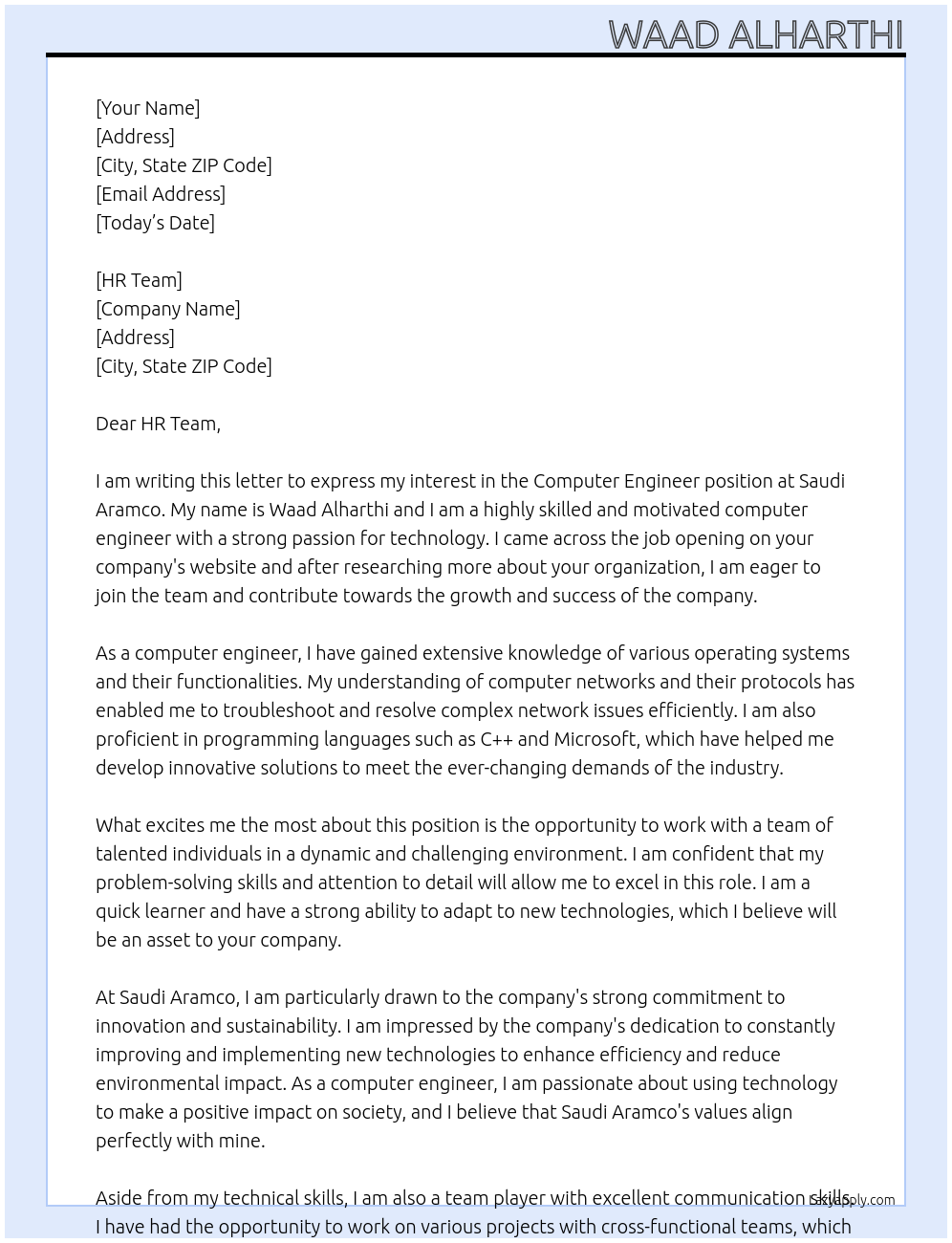 Computer Engineer At Saudi Aramco Cover Letter