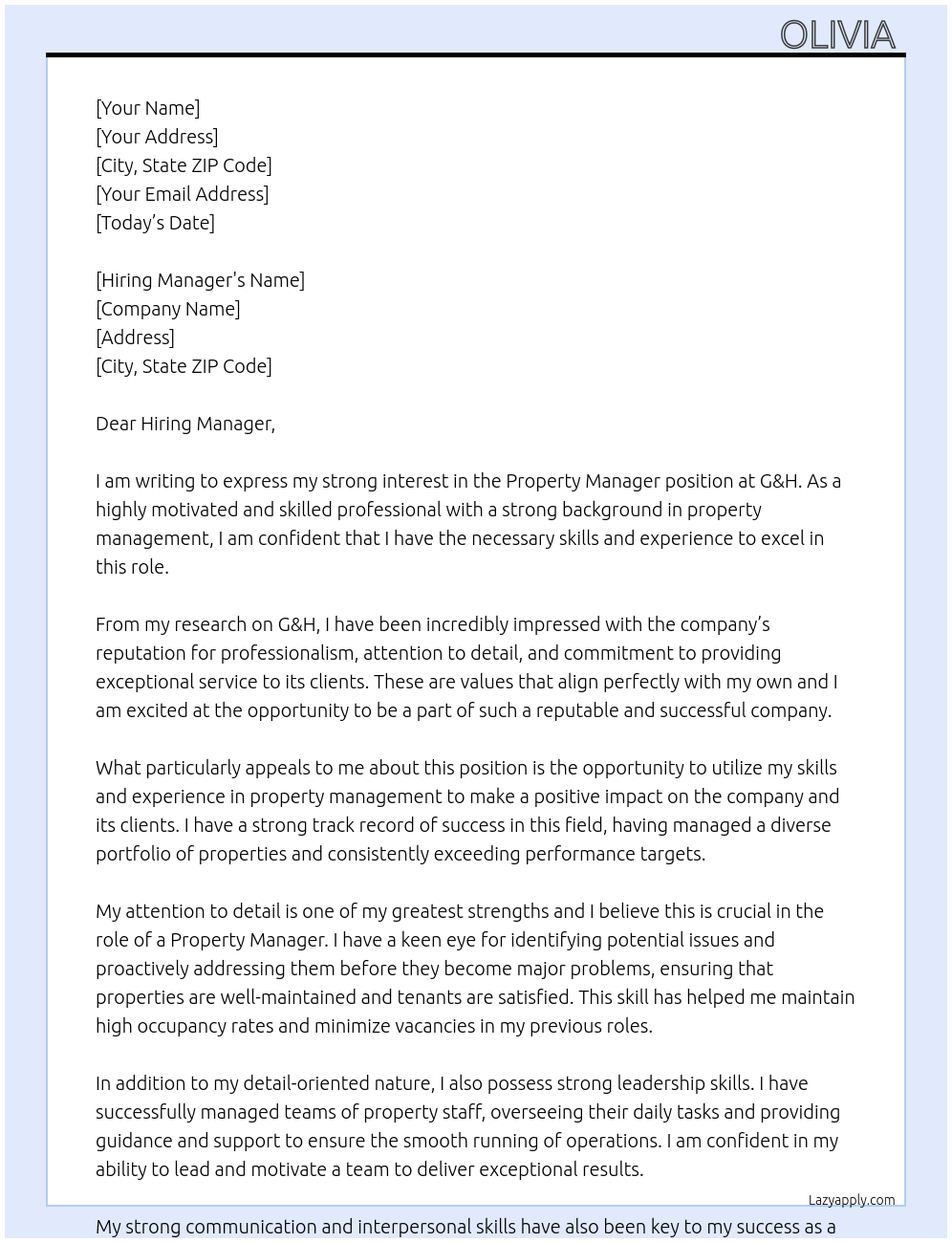 Property manager  At G&H Cover Letter