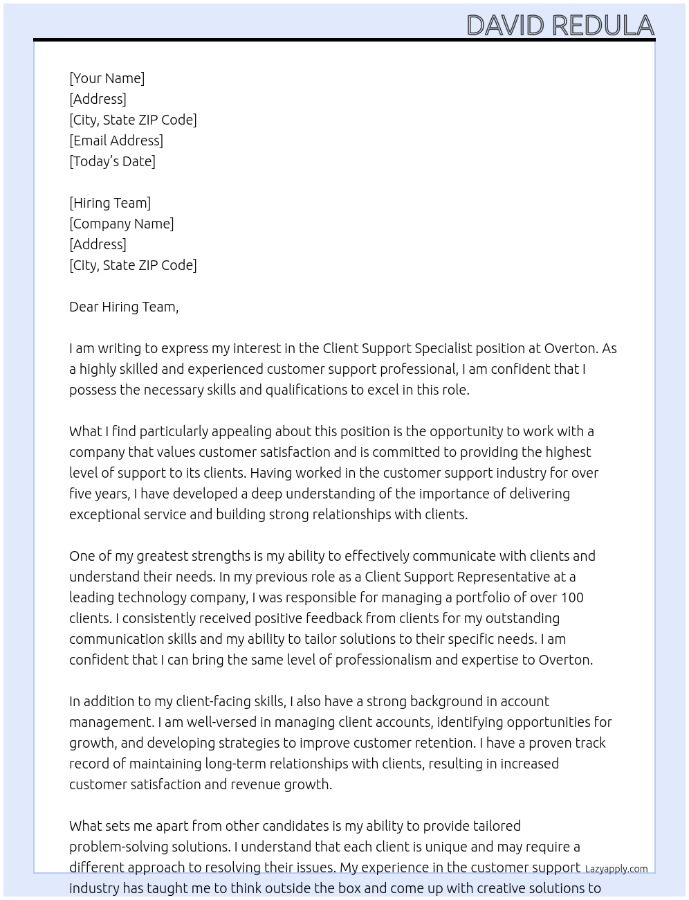 Client Support Specialist At Overton Cover Letter