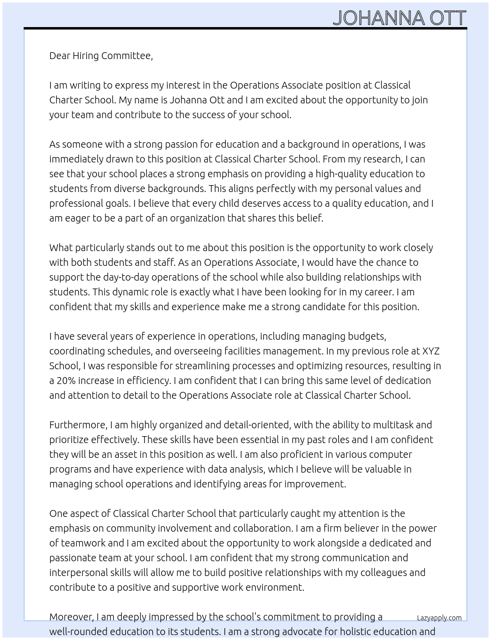Operations Associate At Classical Charter School Cover Letter