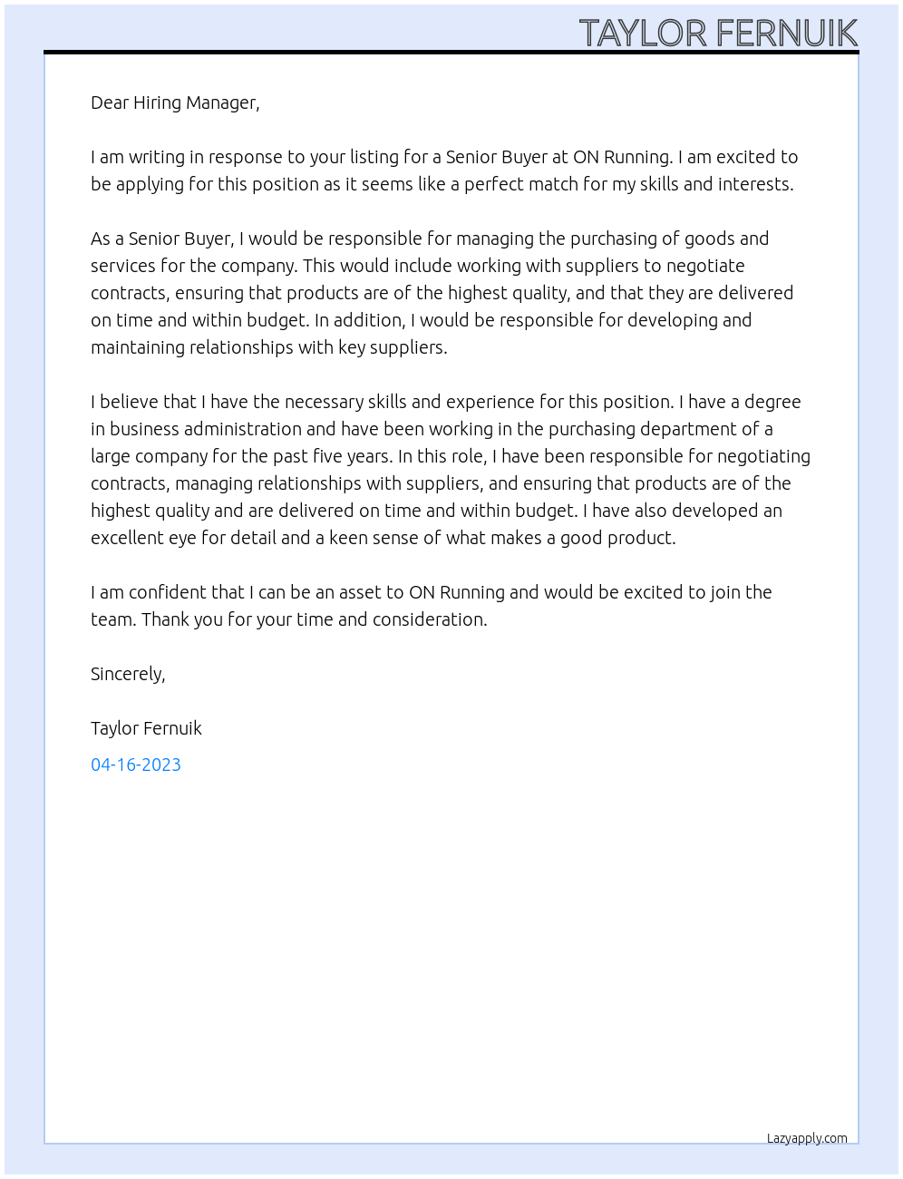 senior buyer At on running Cover Letter