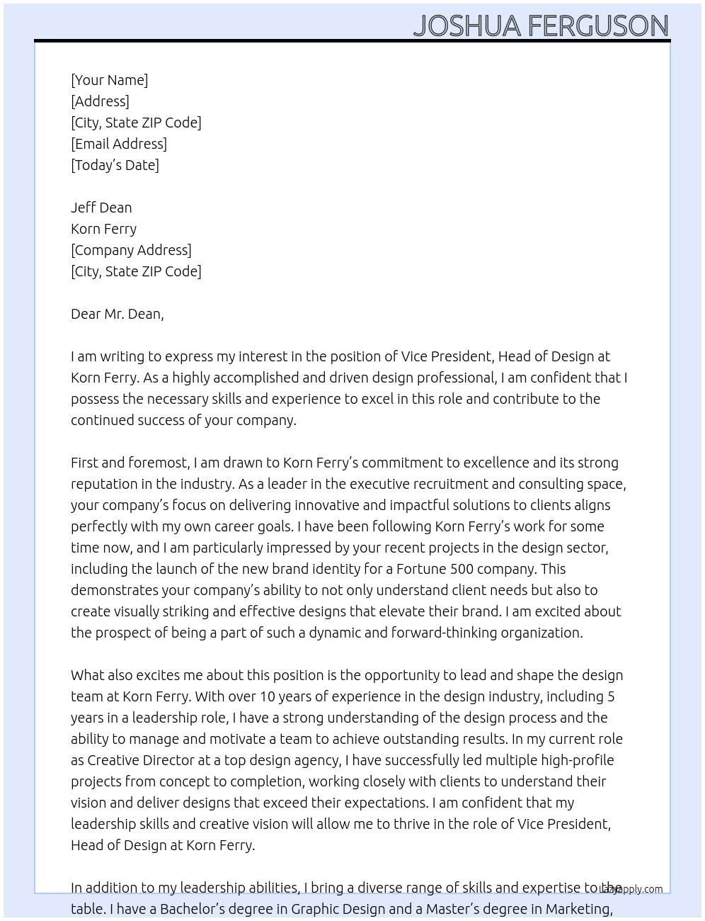 Vice President, Head of Design At Korn Ferry Cover Letter
