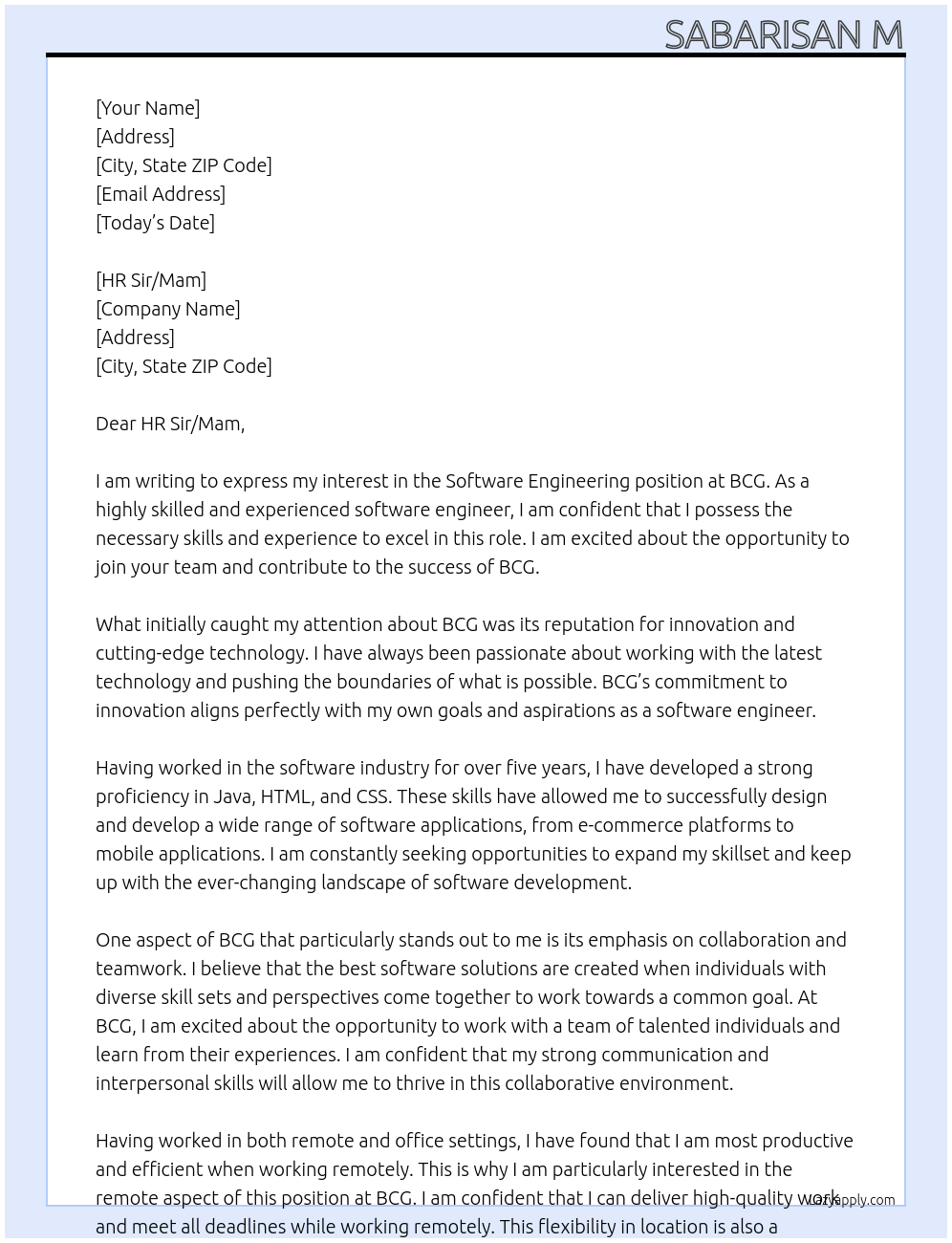 Software Engineering  At BCG Cover Letter