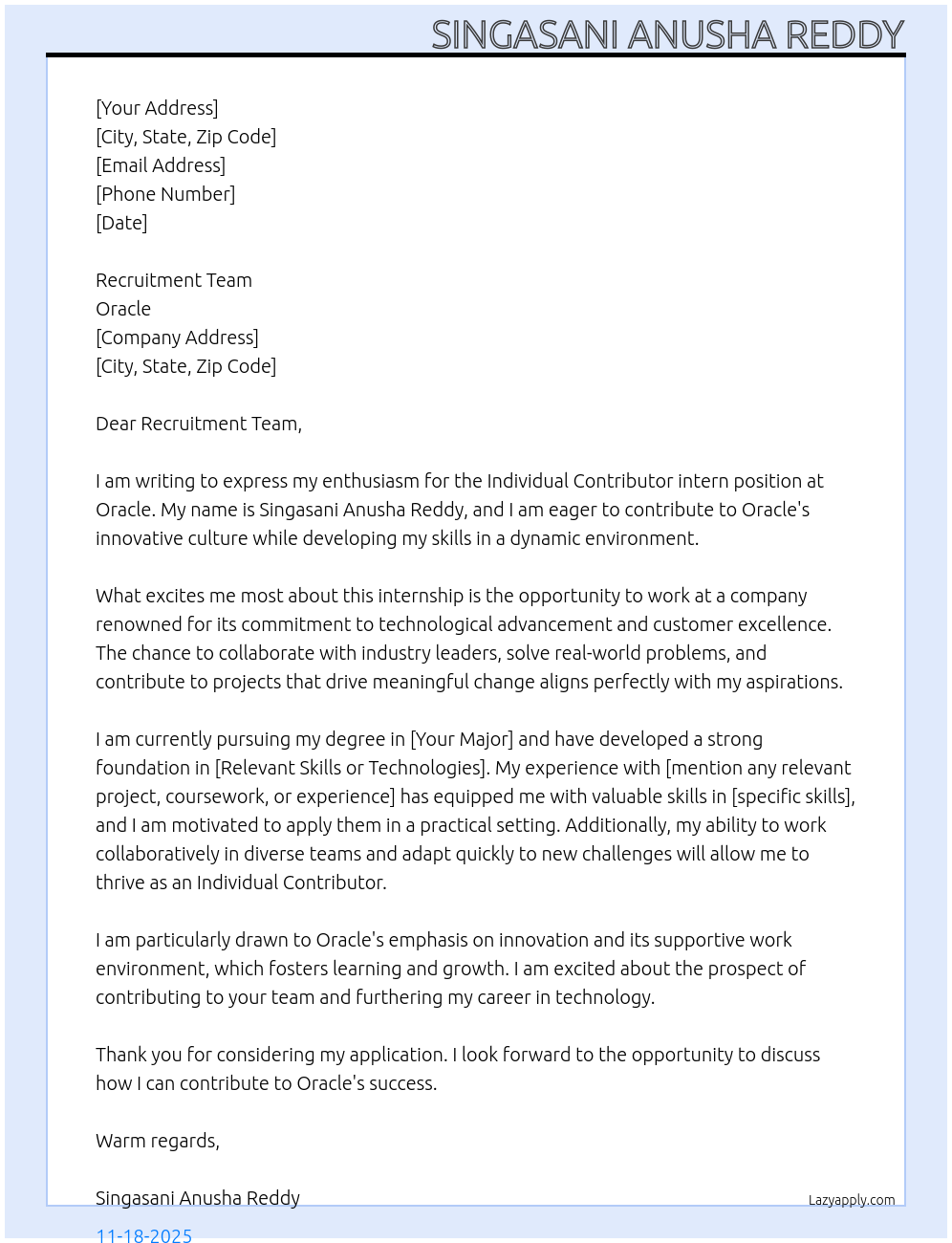 Individual Contributor At Oracle Cover Letter