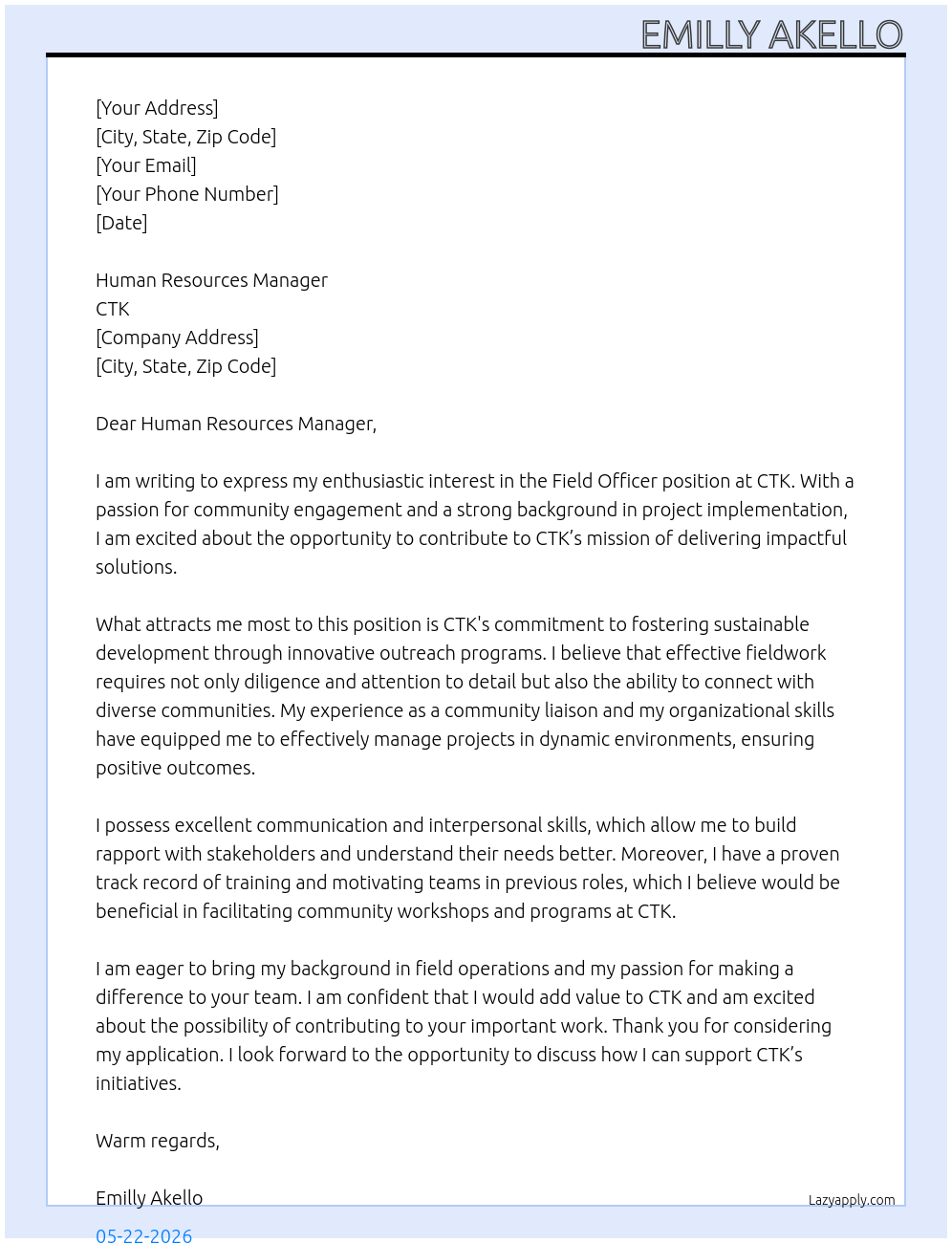 Cover letter for field officer - LazyApply