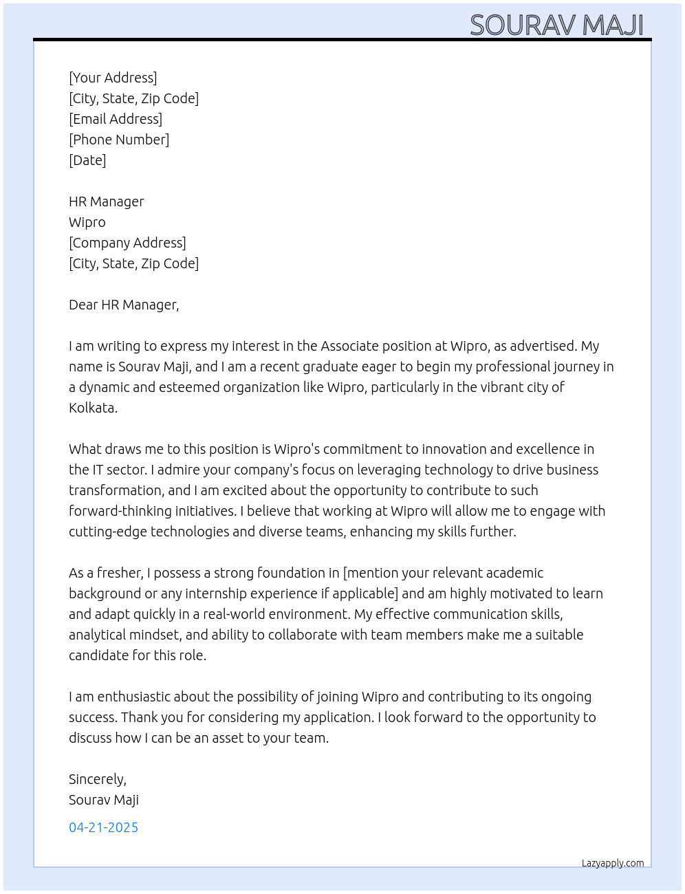 Associate At Wipro  Cover Letter