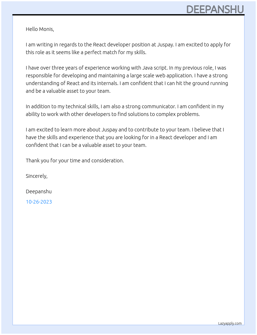 React developer At Juspay Cover Letter
