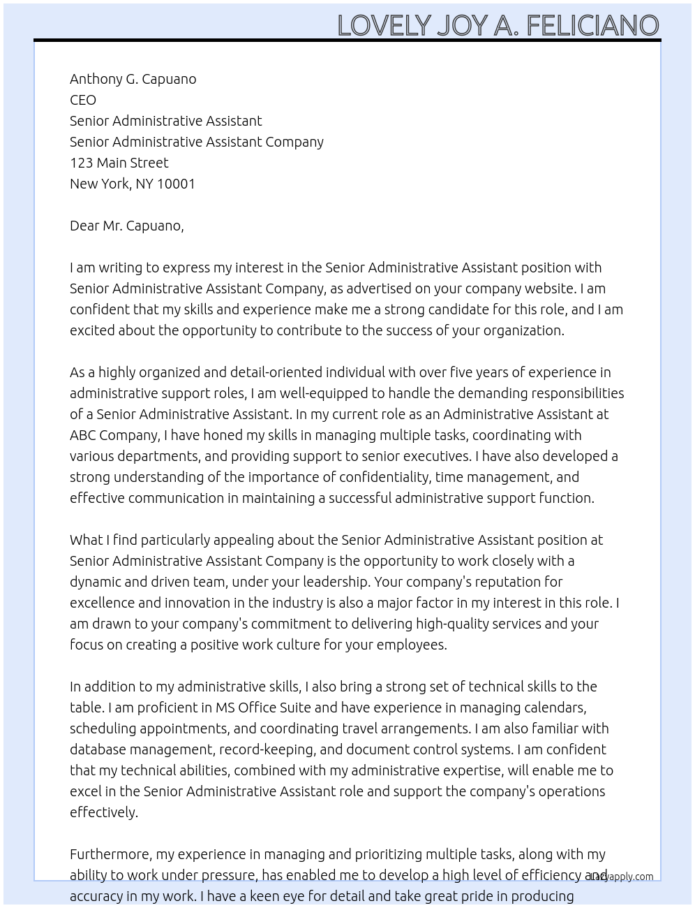 SENIOR ADMINISTRATIVE ASSISTANT At SENIOR ADMINISTRATIVE ASSISTANT Cover Letter