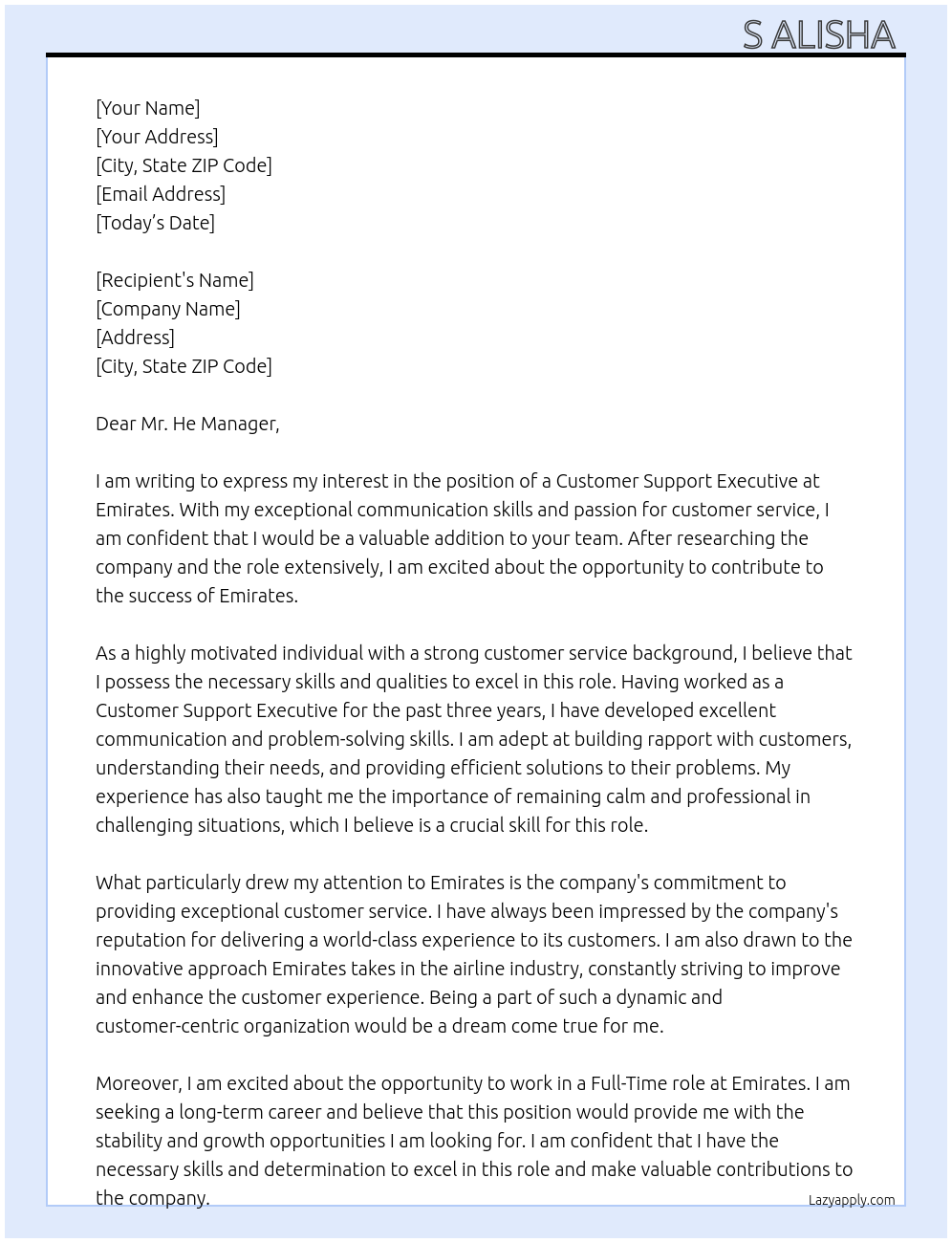 Customer Support Executive At Emirates Cover Letter