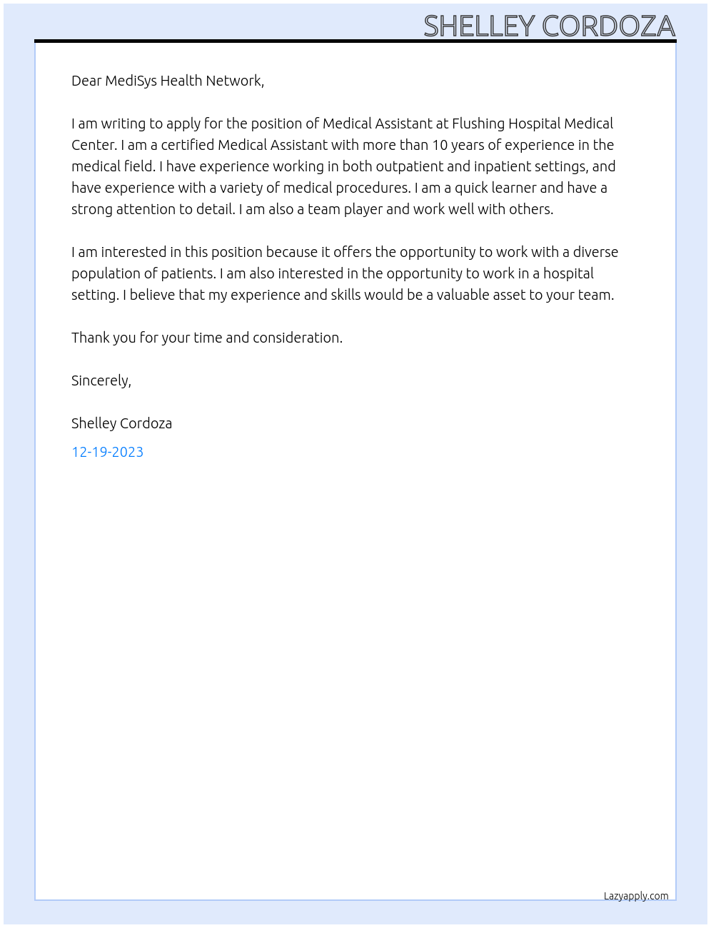 Medical Assistant At Flushing Hospital Medical Center Cover Letter