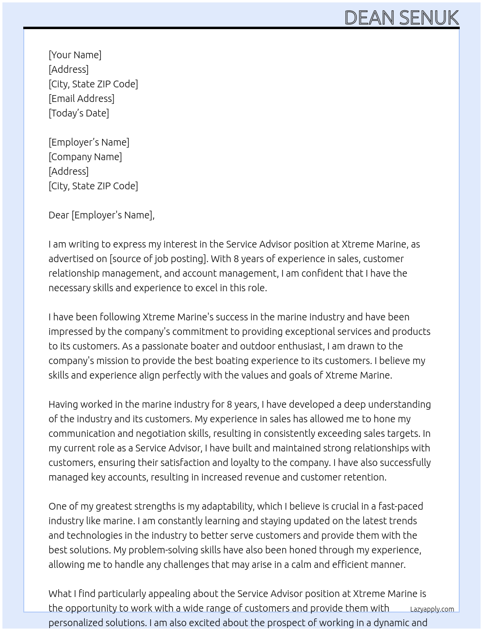 Service Advisor At Xtreme Marine Cover Letter
