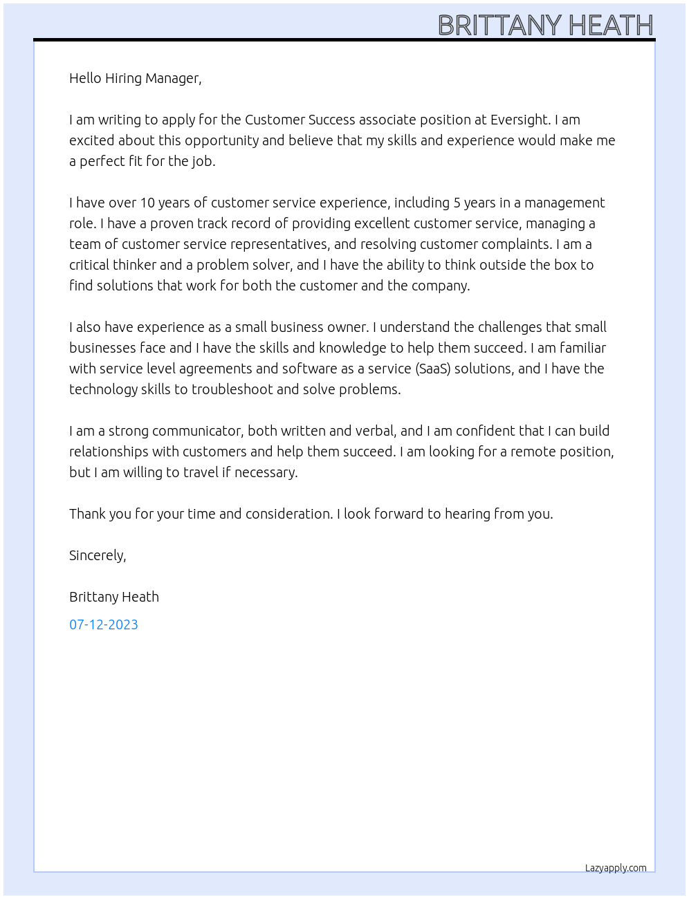 Customer Success associate  At Eversight Cover Letter