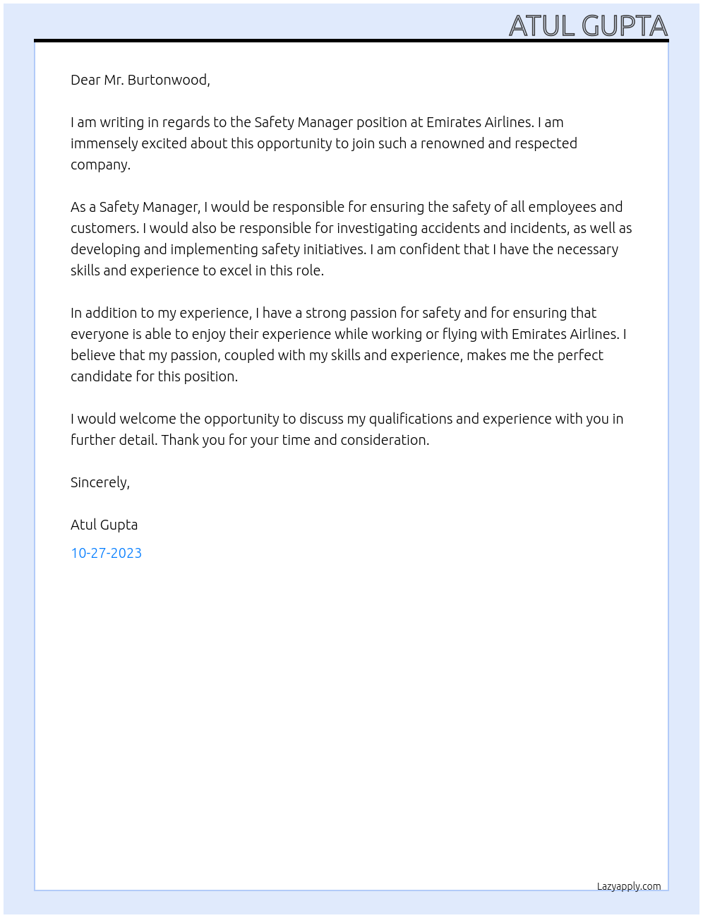Safety Manager At Emirates Airlines Cover Letter