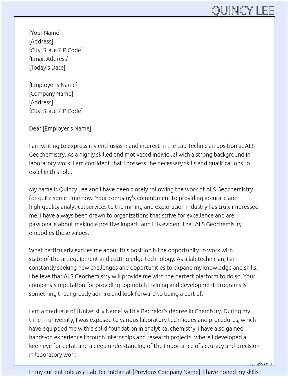 Lab technician At ALS Geochemistry Cover Letter