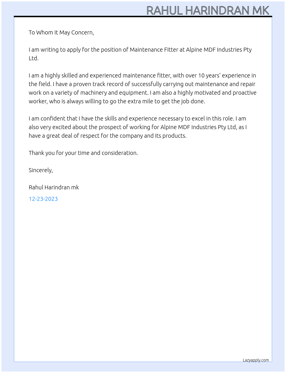 Maintenance fitter At Alpine MDF Industries Pty Ltd Cover Letter