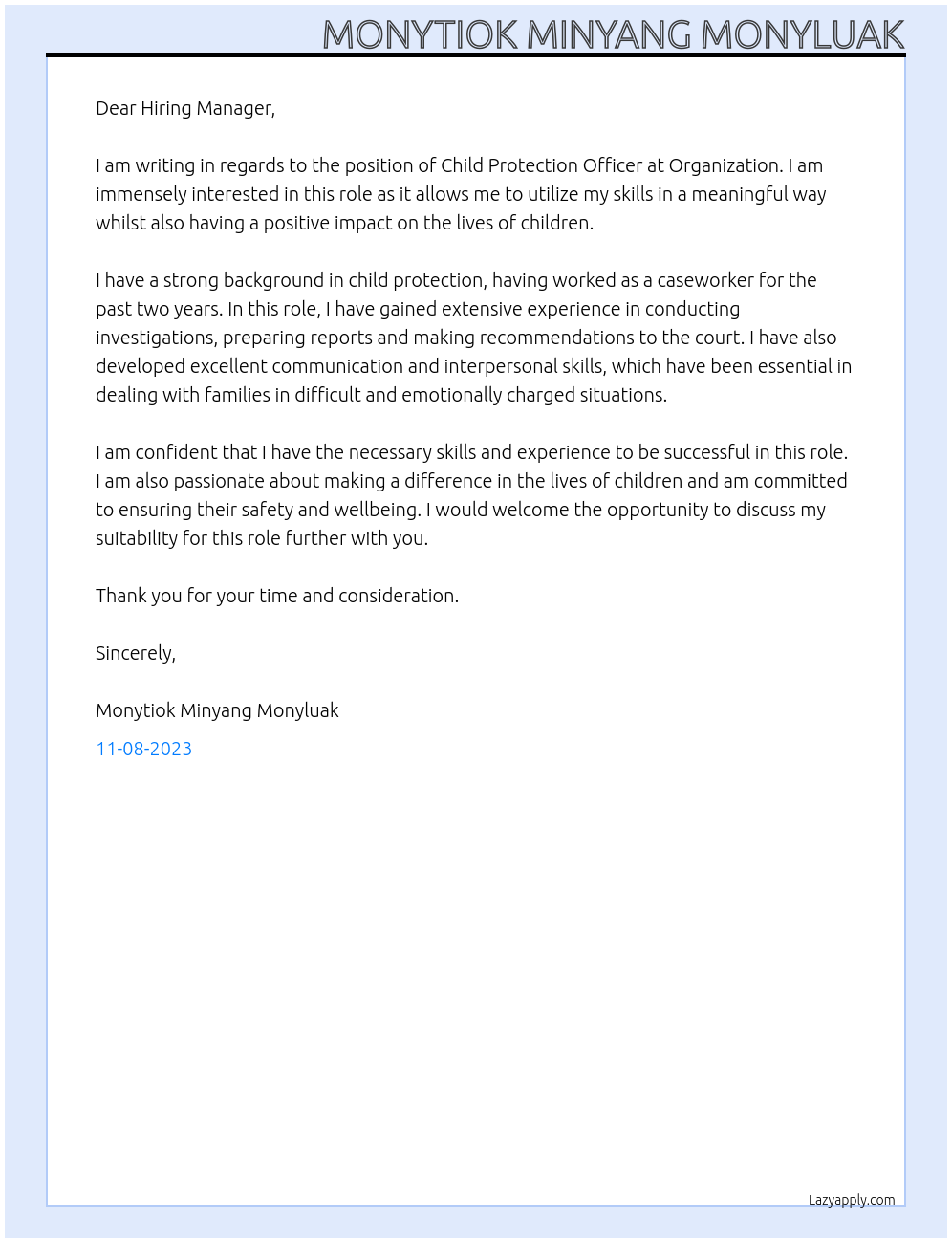 Child protection officer At Organization Cover Letter