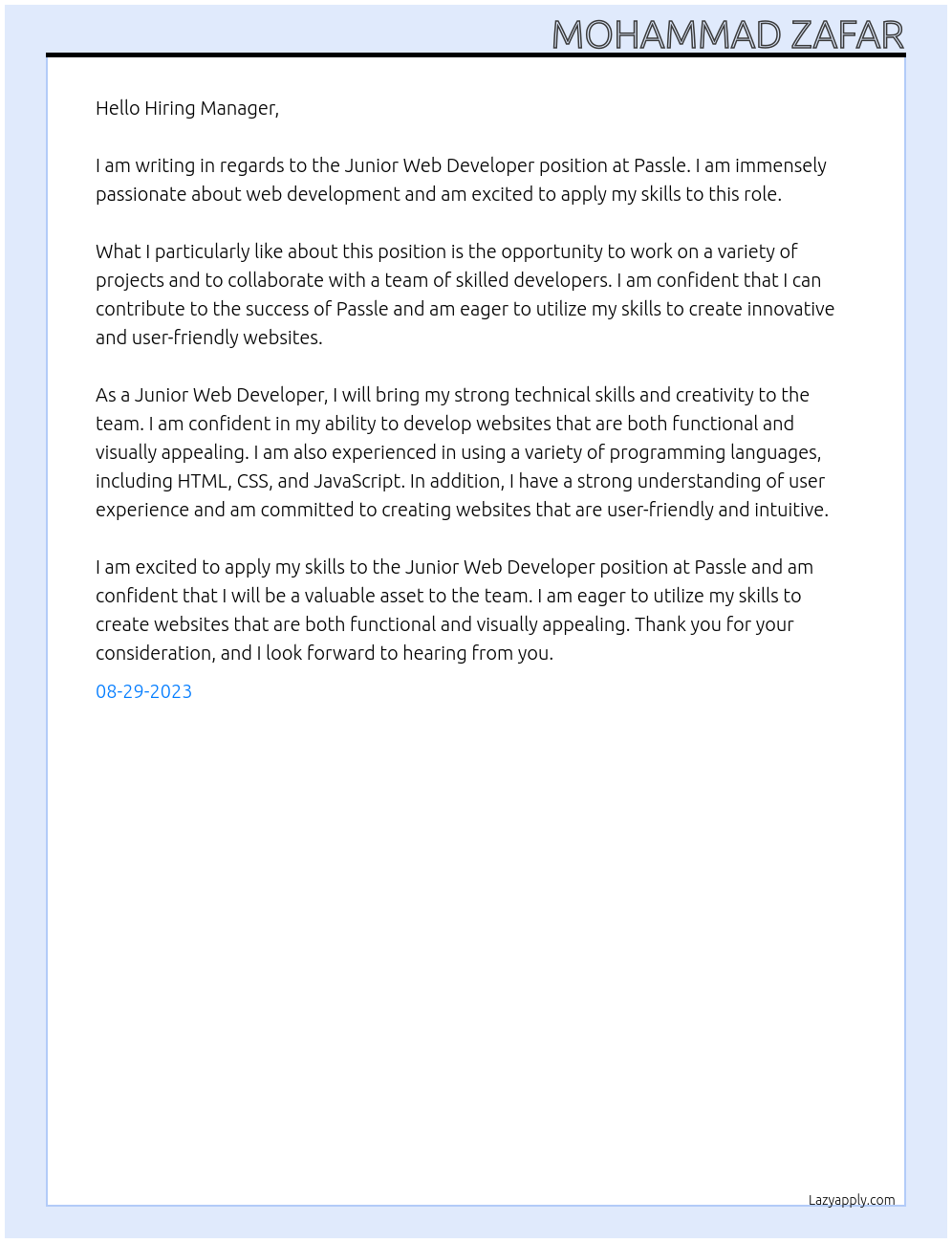 Junior Web Developer At Passle Cover Letter
