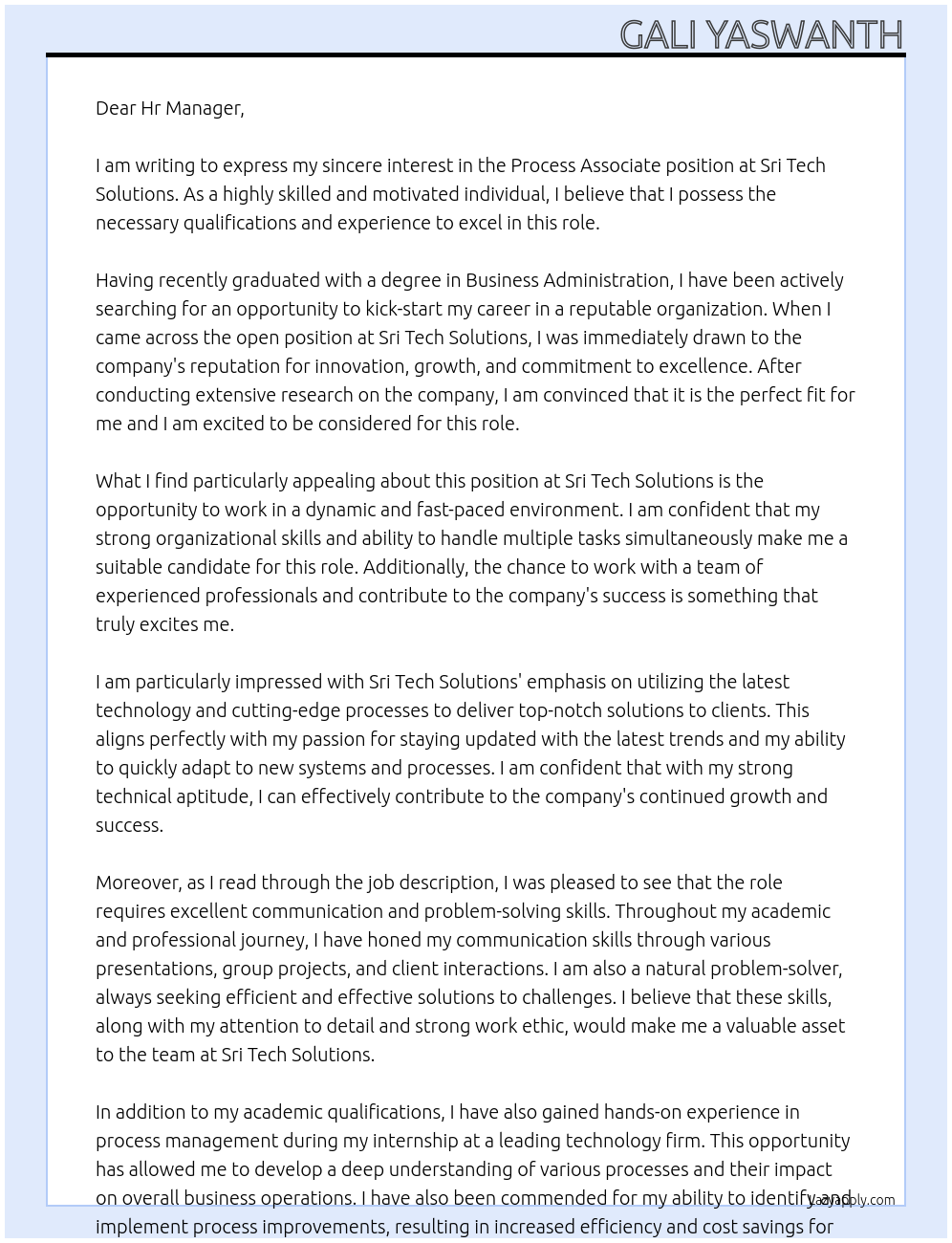 Process associate At Sri tech solutions Cover Letter