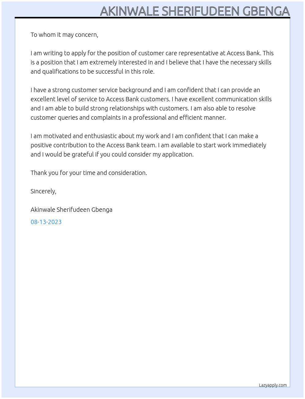 Customer care representative At Access Bank Cover Letter