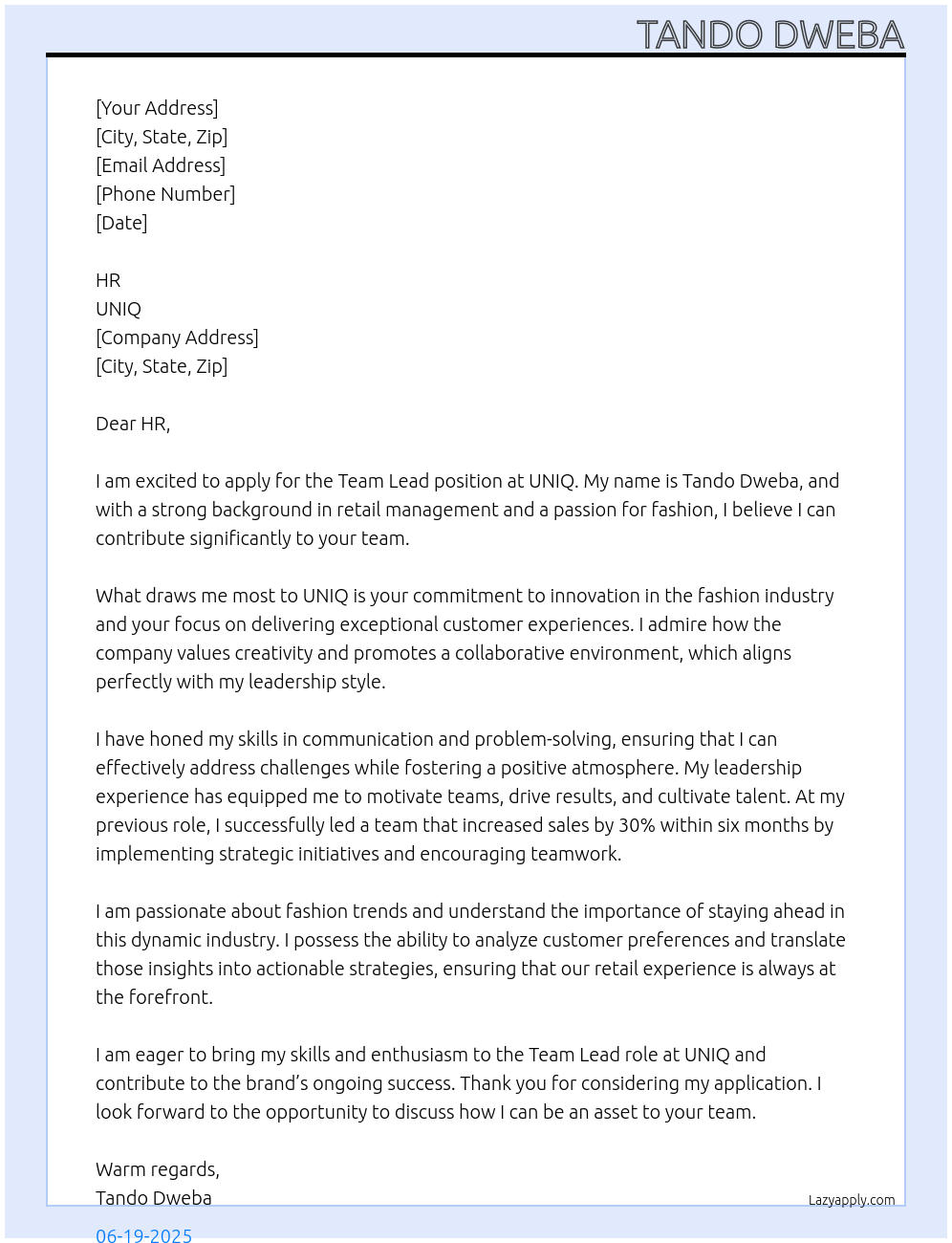 Retail At UNIQ Cover Letter