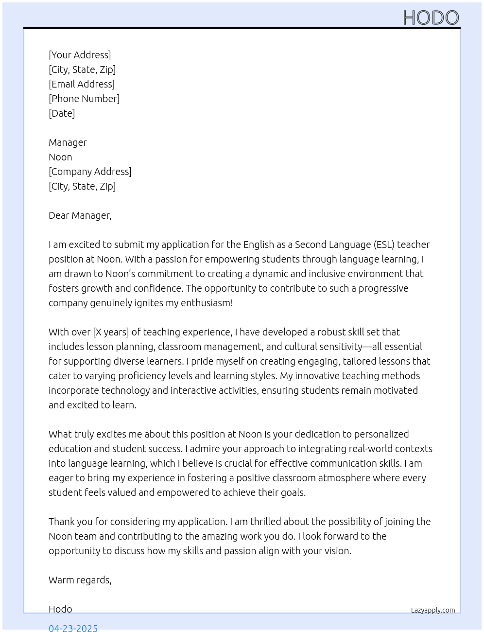 English As A Second Language teacher At Noon Cover Letter