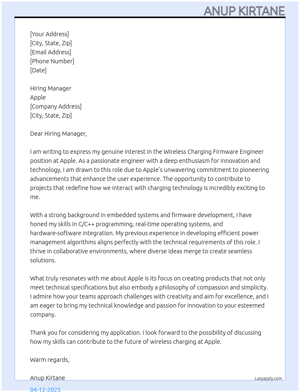 Cover letter for wireless charging firmware engineer - LazyApply