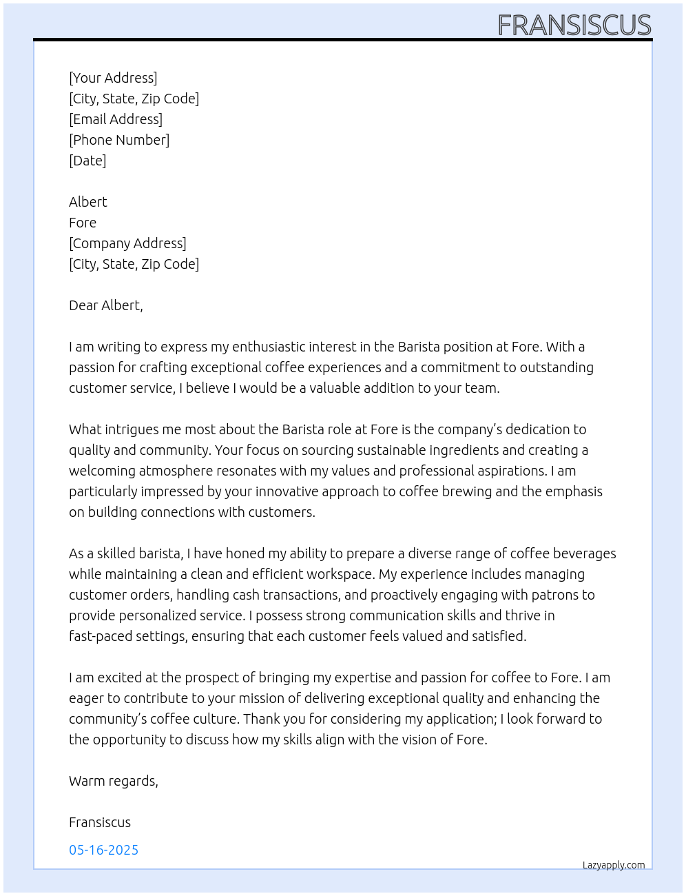 Barista At Fore Cover Letter