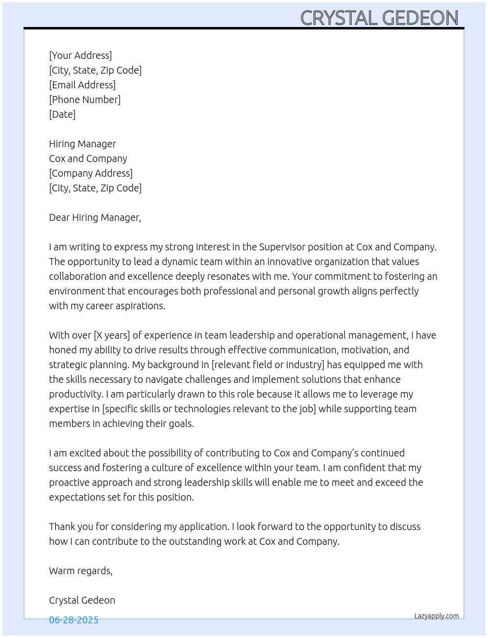 Supervisor At Cox and Company Cover Letter