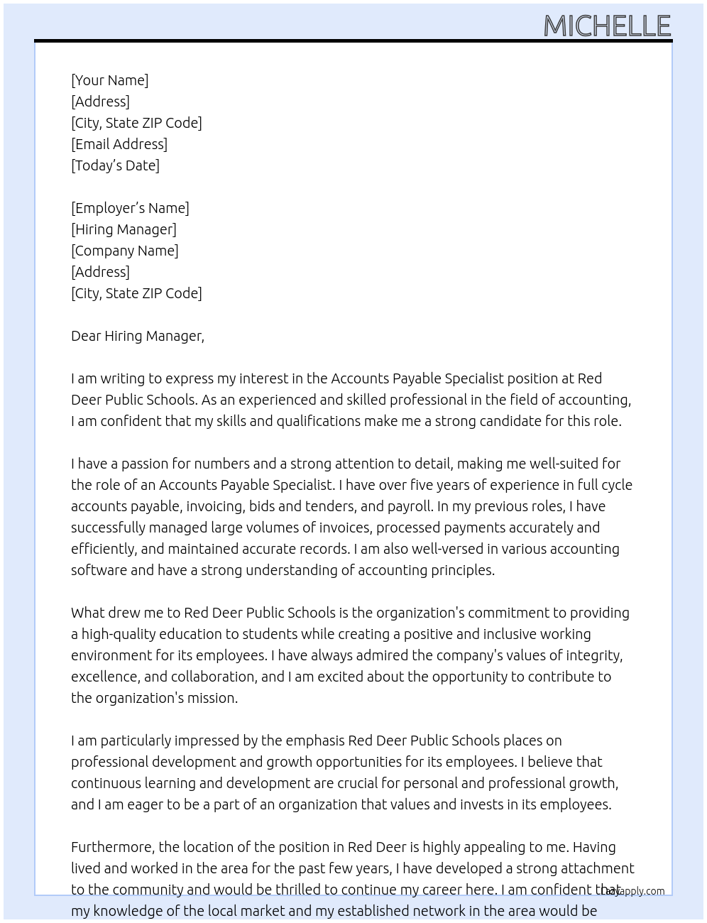 Accounts Payable specialist At Red Deer Public Schools Cover Letter