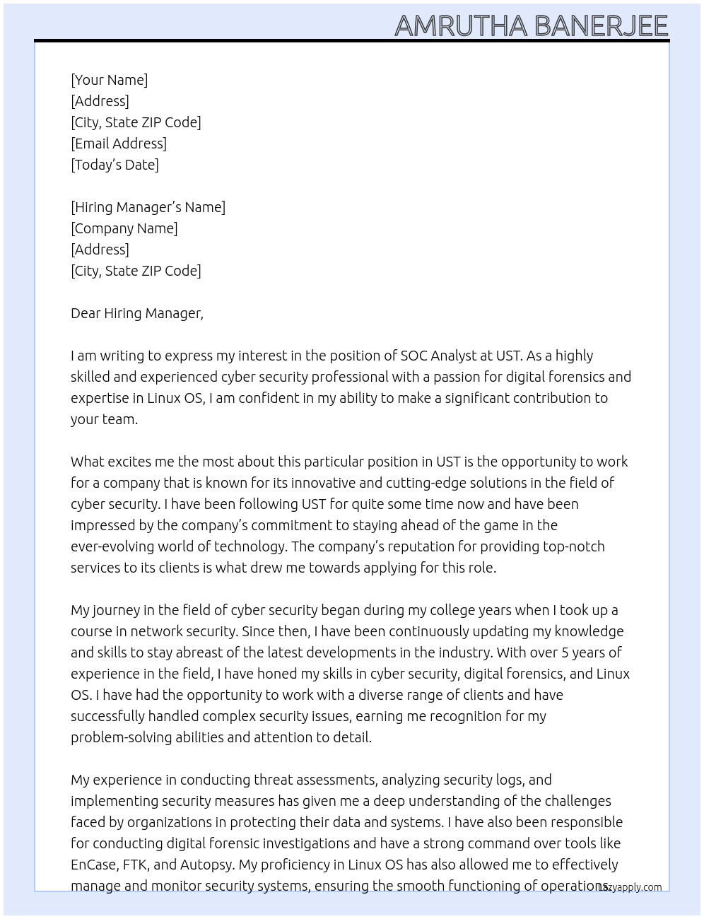 SOC ANALYST At UST Cover Letter