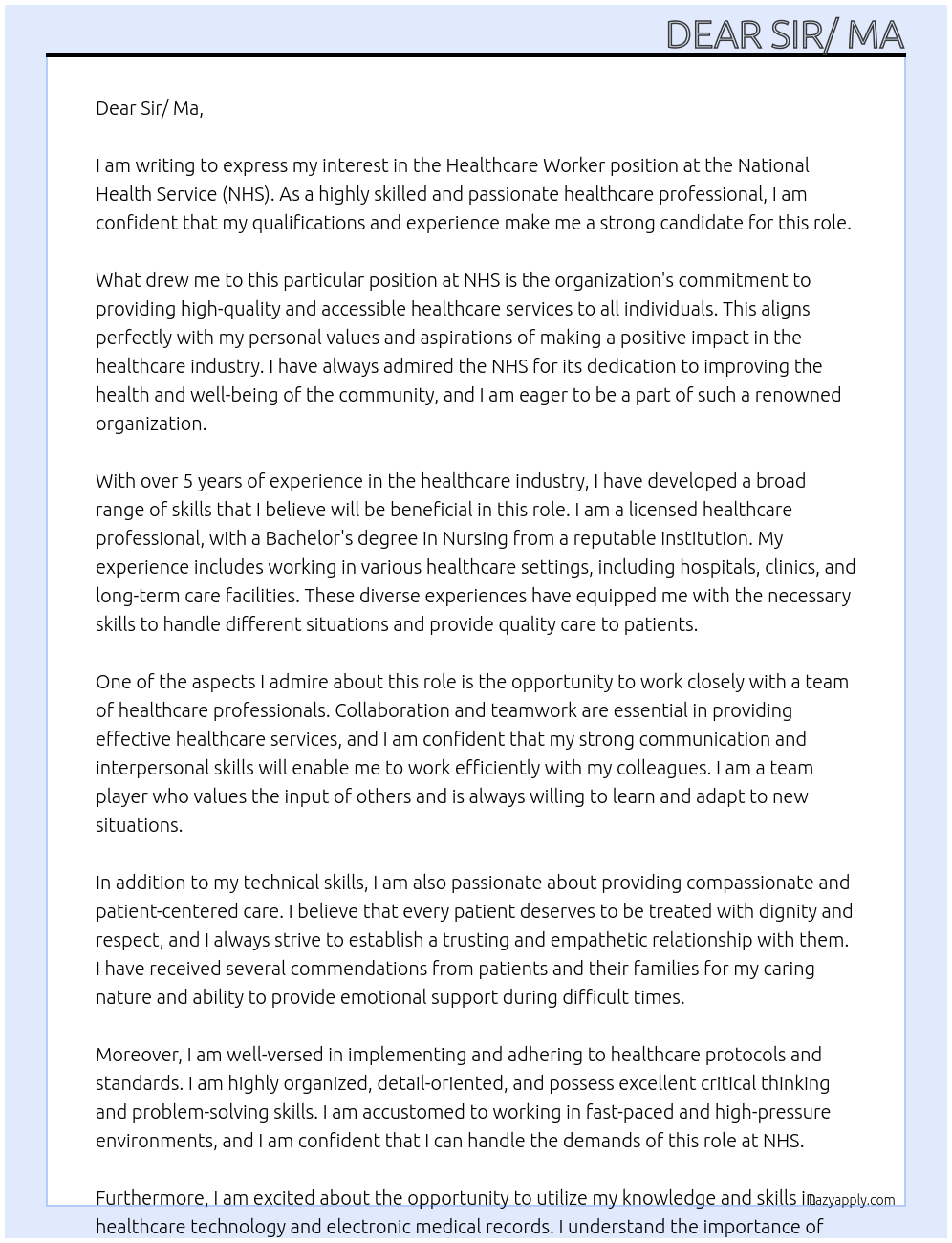 Healthcare worker  At NHS Cover Letter