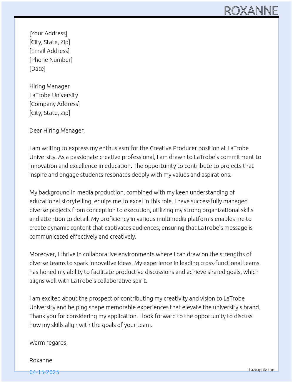 Creative Producer At LaTrobe University Cover Letter