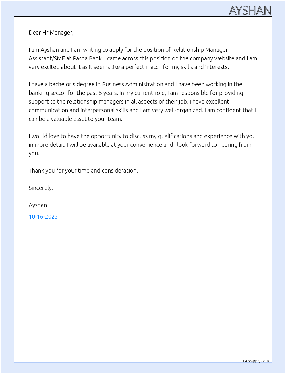 Relationship Manager Assistant/SME At Pasha Bank Cover Letter