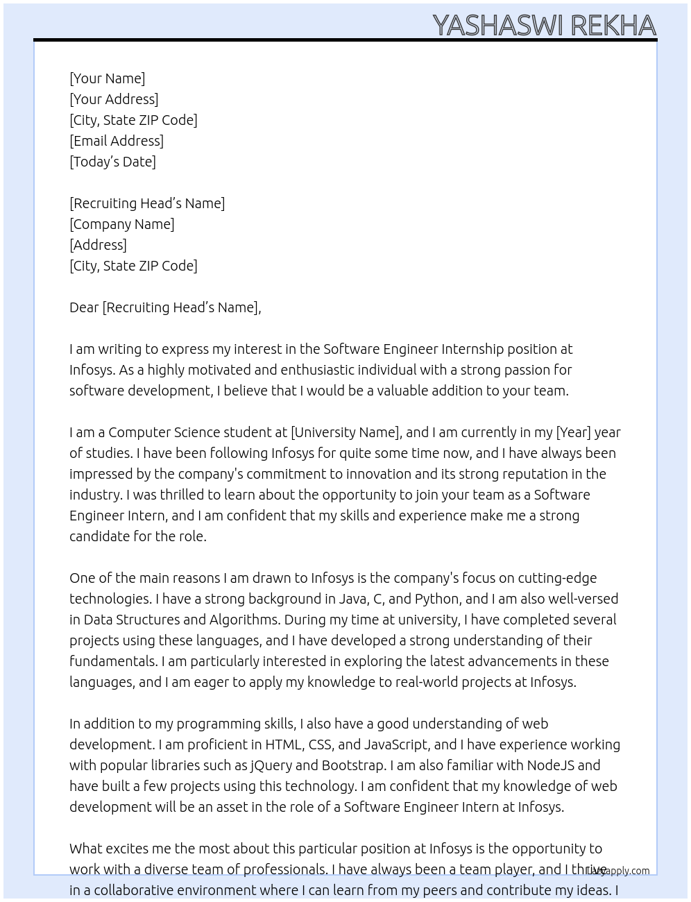 Software Engineer Internship At Infosys Cover Letter