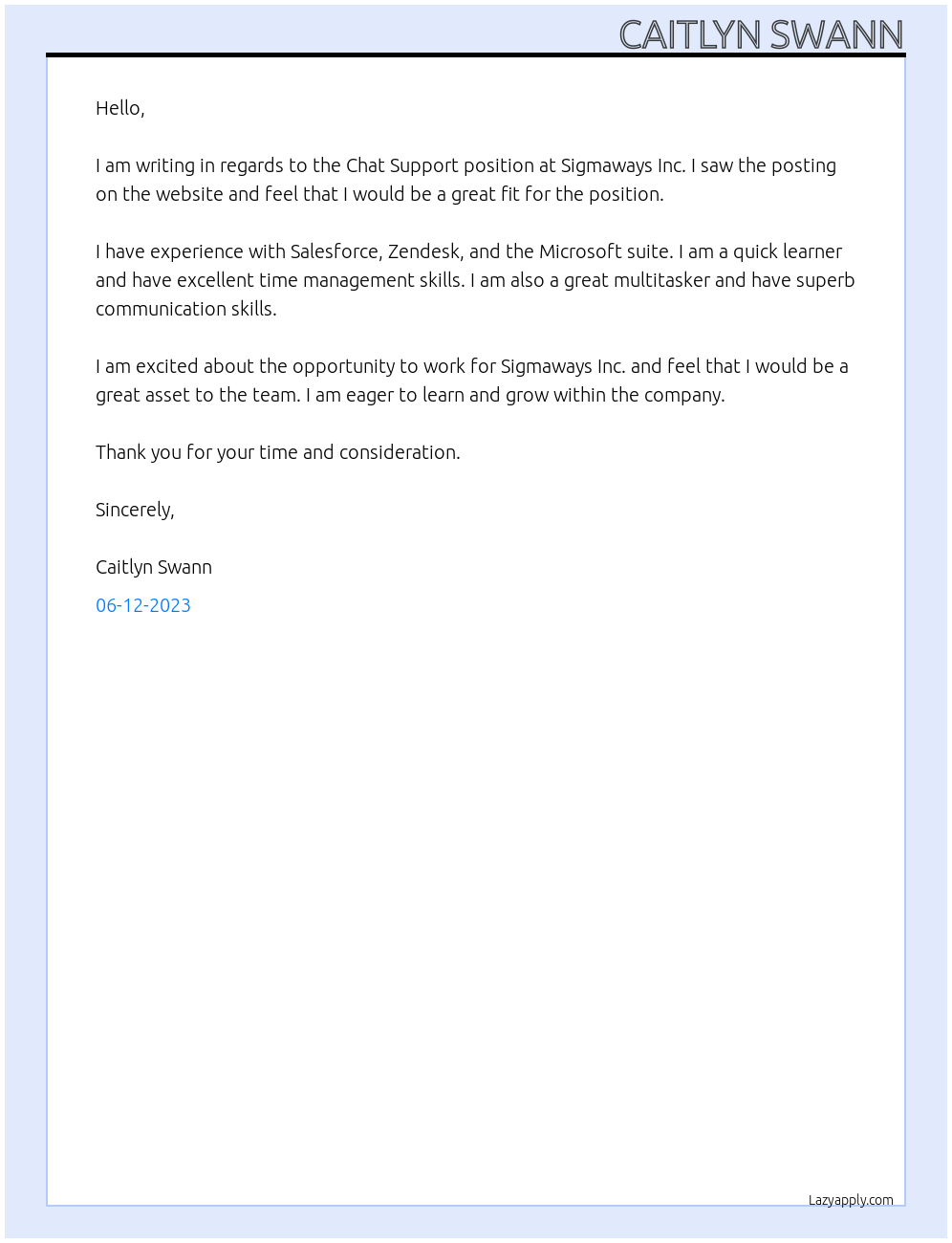 Chat Support At Sigmaways Inc. Cover Letter