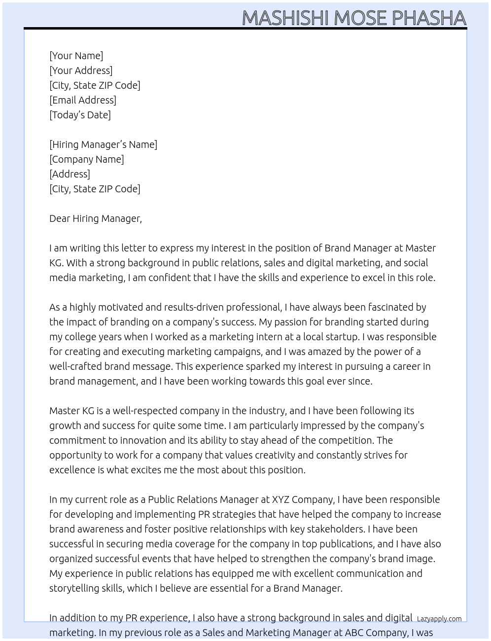 Brand Manager At Master KG Cover Letter