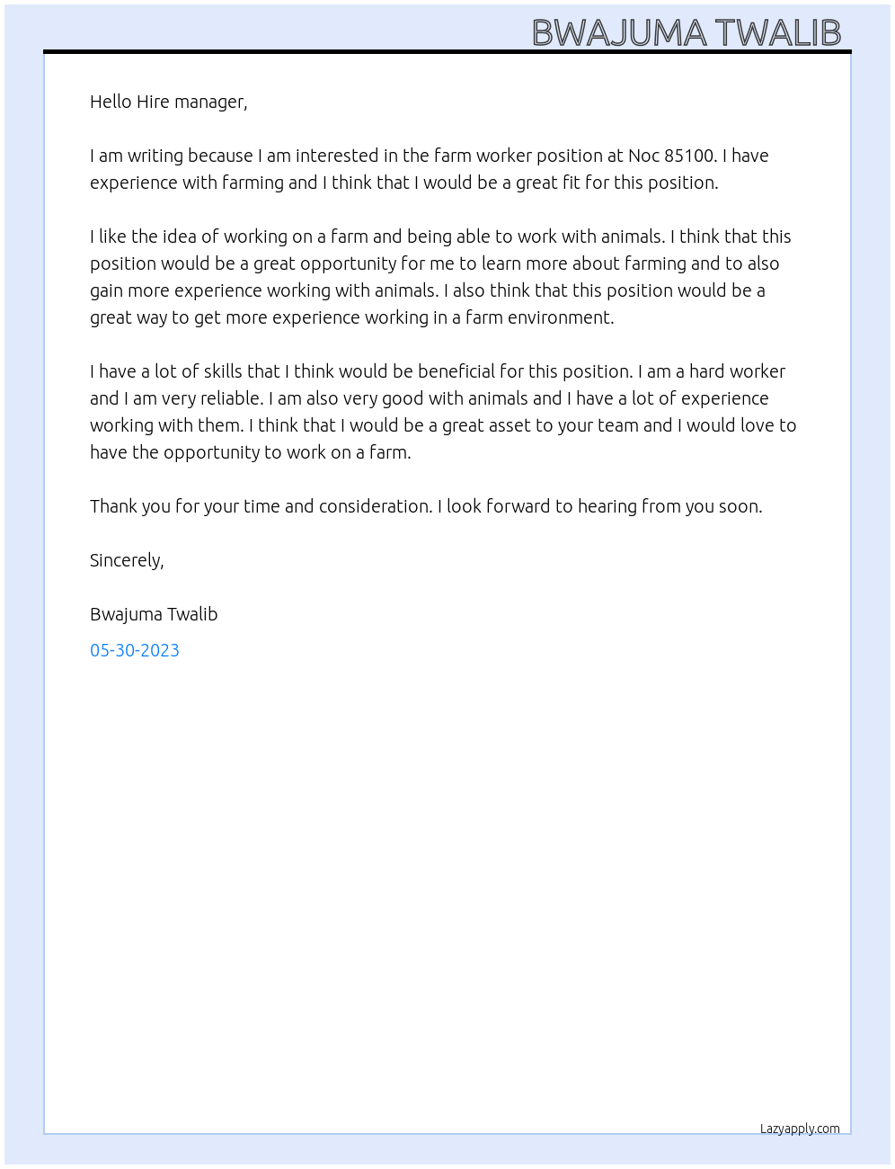 Farm worker At Noc 85100 Cover Letter