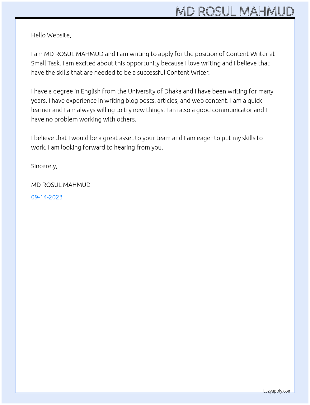 Content writing At Small task Cover Letter