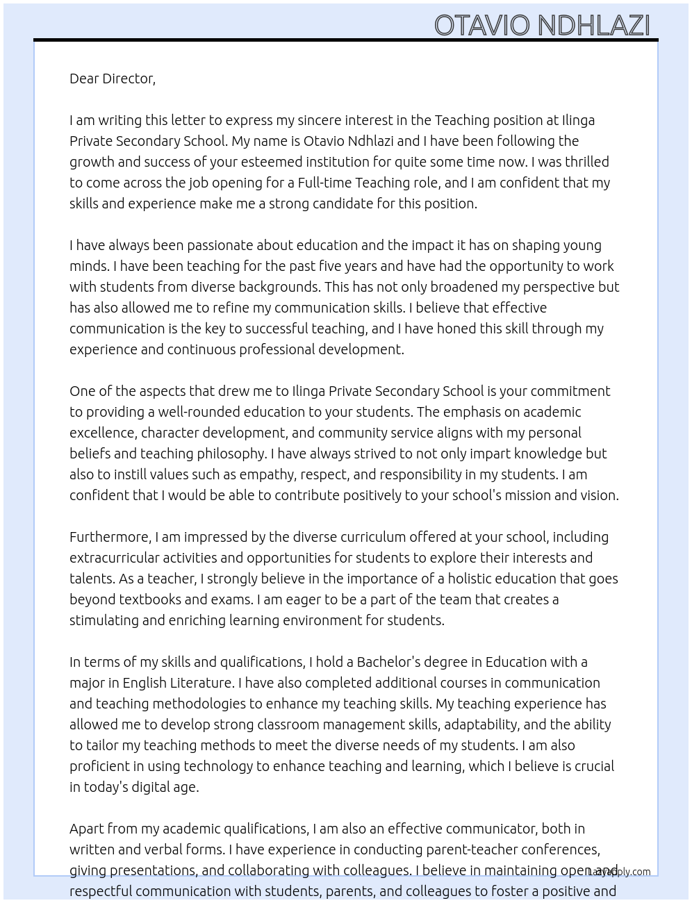 Teaching At Ilinga private secondary school Cover Letter