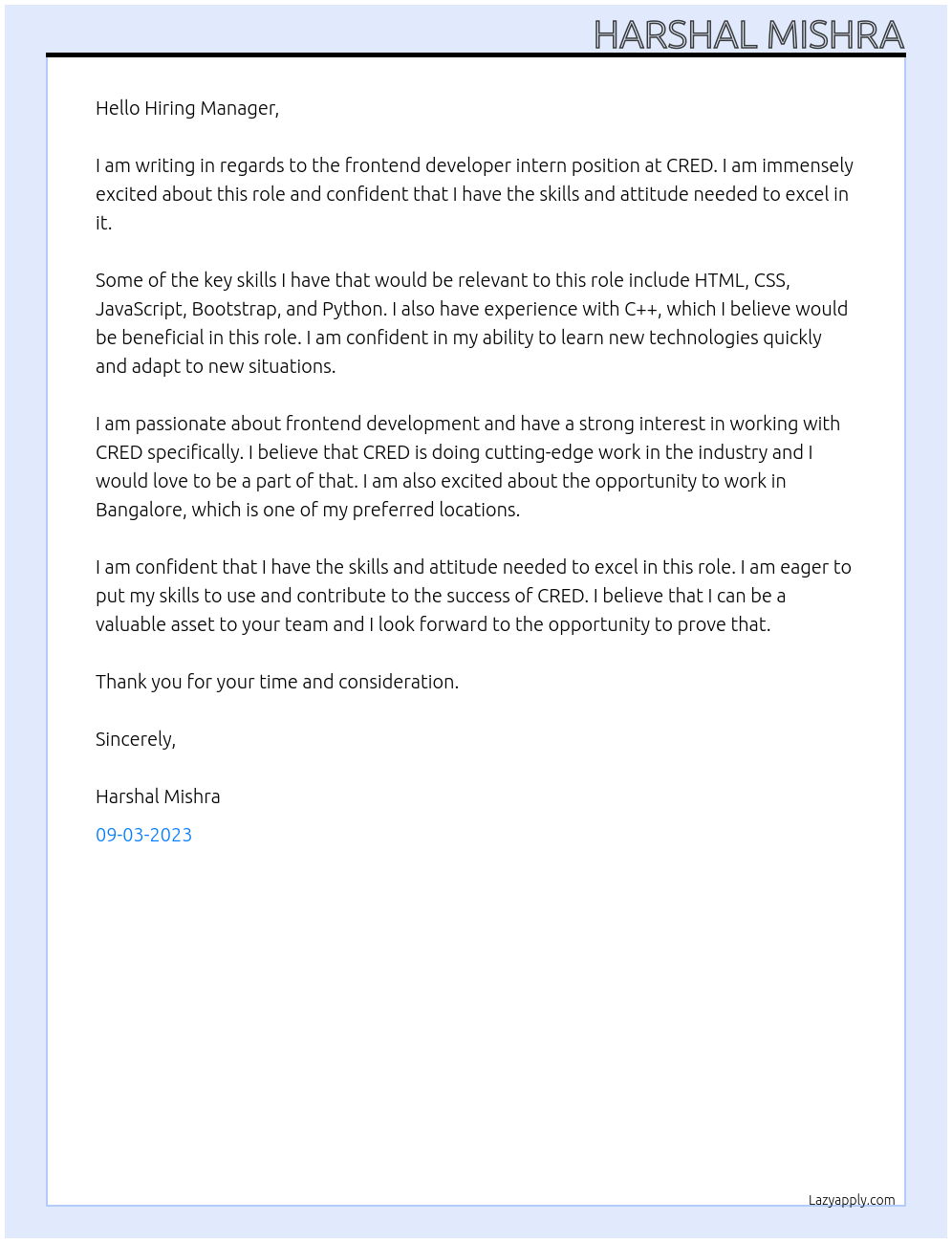frontend developer intern At CRED Cover Letter